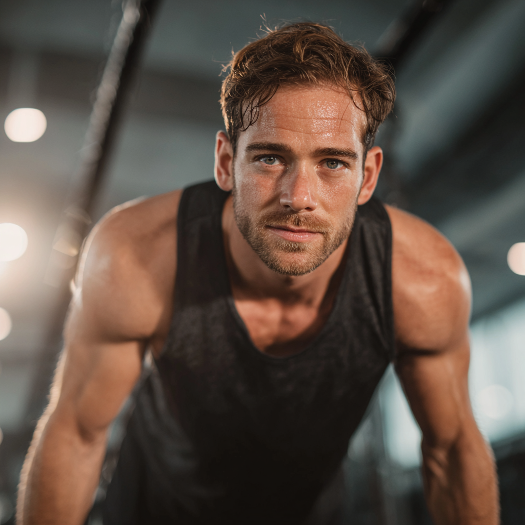 Confident athletic man performing strength training exercise in modern gym environment