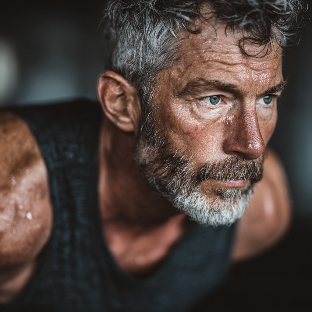 Focused man exercising with determination showing physical and mental strength development