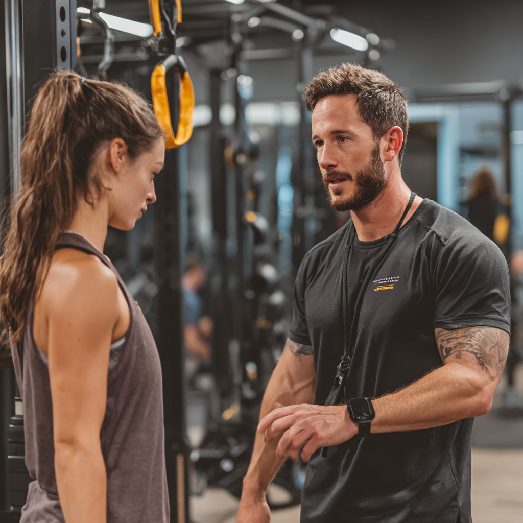 Professional trainer demonstrating advanced fitness techniques in well-equipped training facility
